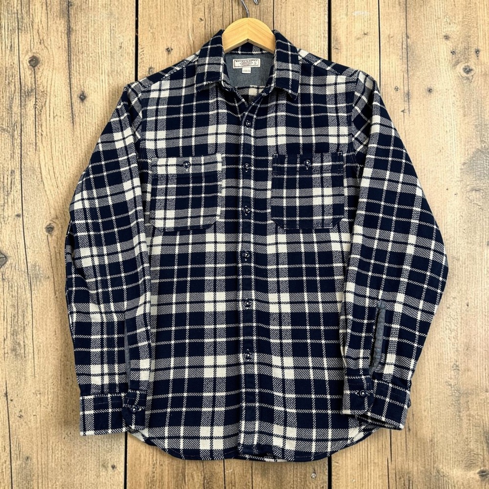 Wallace & Barnes Flannel Shirt Mens S Navy Blue Plaid Cotton Workwear